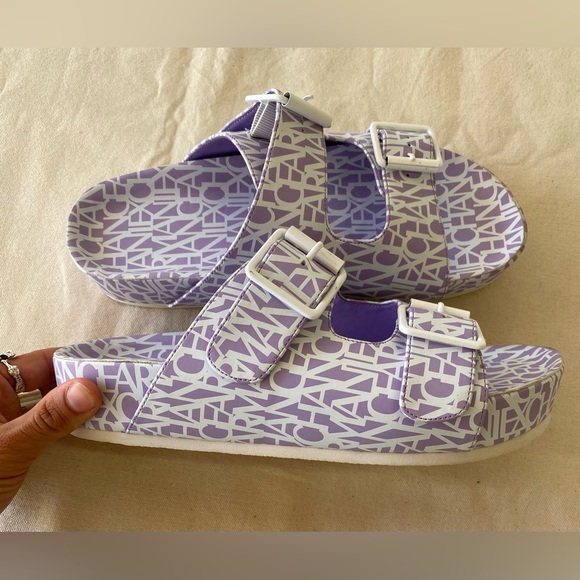 Armani Exchange Dual Strap Flat Slide Sandals Violet Purple Branded Print 9 - Picture 2 of 11